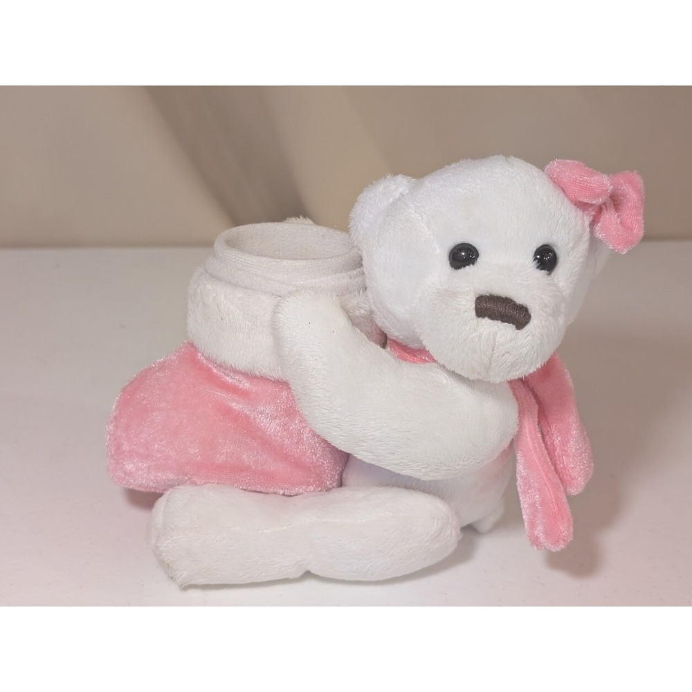 Plush White Teddy Bear Baby Bootie Holder Pink Bow & Scarf AXT Group LLC - Picture 1 of 3
